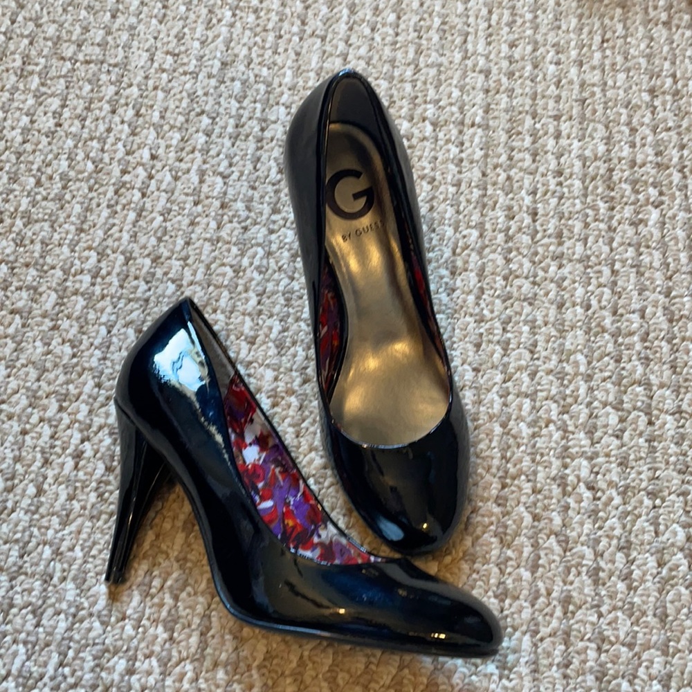 Guess, black patent heels.